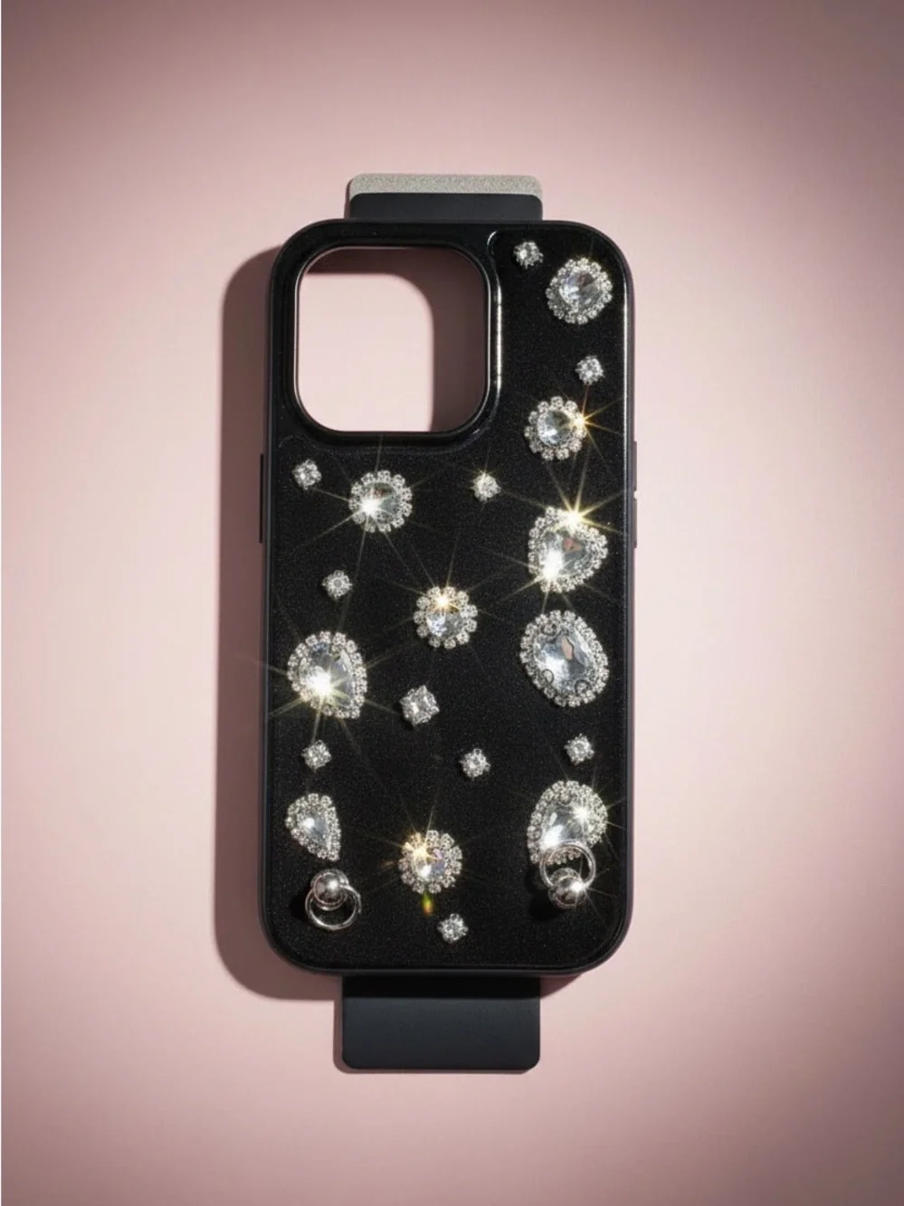 iPhone 15 Pro Black Crystal-Embellished Phone Case with Ring Attachments